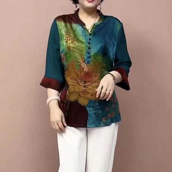 Hanitii 2023 Summer Floral Notched Short 3/4 Sleeve Women's Plus Size Clothes Chiffon Blouse Tops HATP021