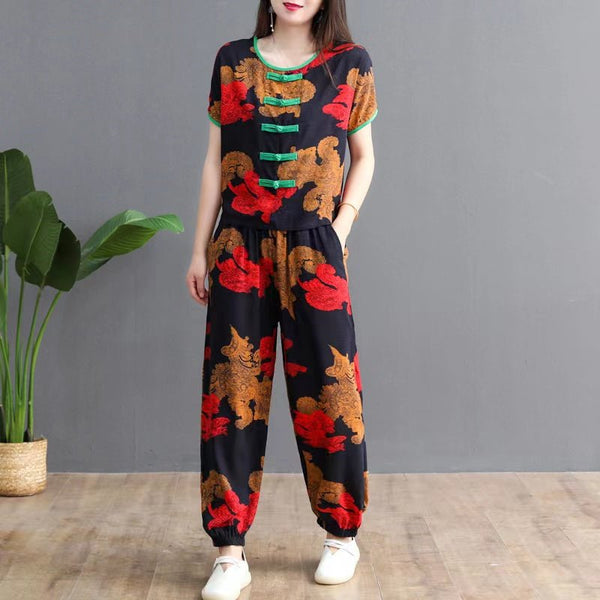 Hanitii 2023 Summer New Style Flower Print Short Sleeve Suits Women's Plus Size Clothes HASU009